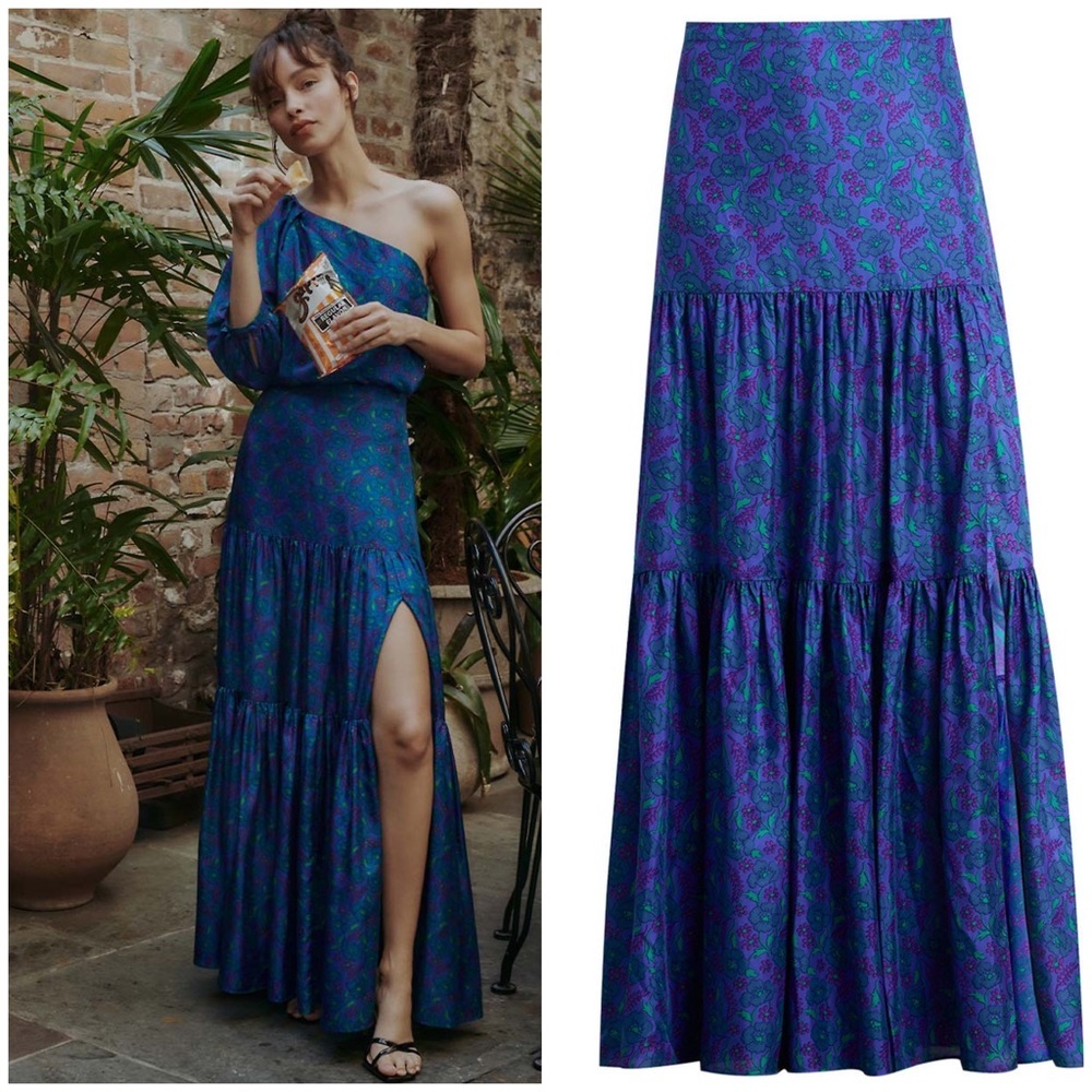 Veronica Beard Blue Floral Serence Slit Silk Skirt